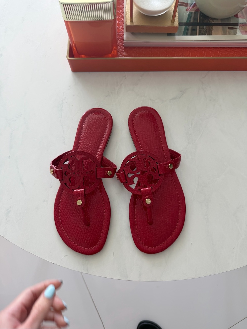 Tory Burch Miller Leather Sandals Red Gold Logo